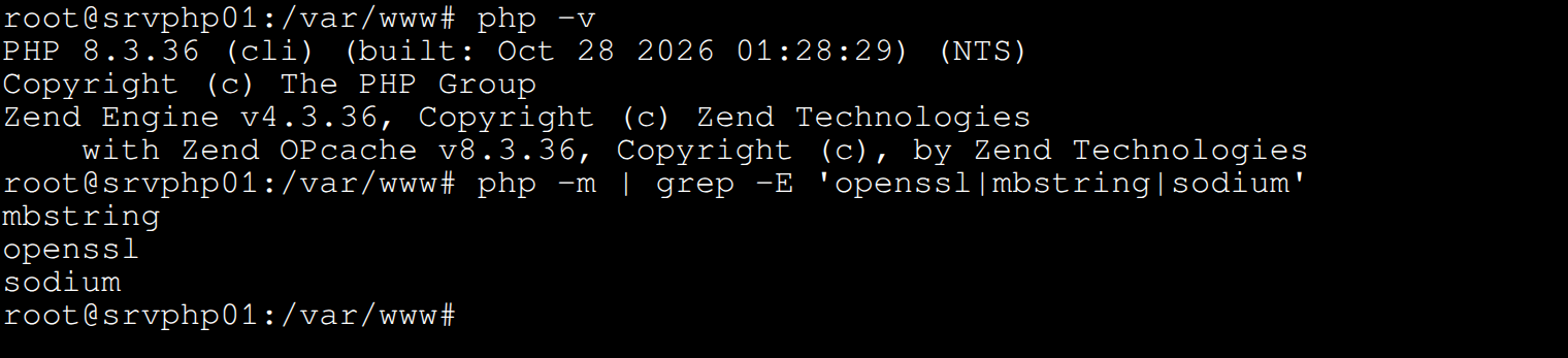 Sortie de php -v et des extensions openssl, mbstring et sodium sur srvphp01