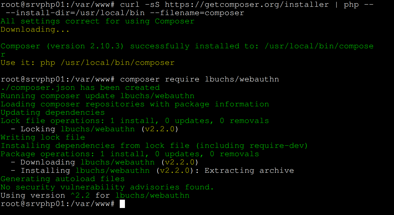 Installation de Composer puis composer require lbuchs/webauthn