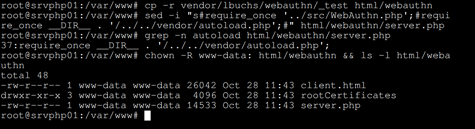 Copie de la démo dans html/webauthn et remplacement du require_once