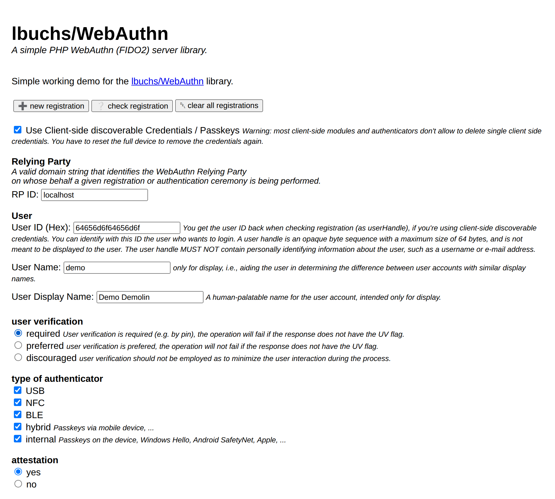 Page client.html de la démo lbuchs/webauthn avec les passkeys cochées et la vérification de l'utilisateur obligatoire